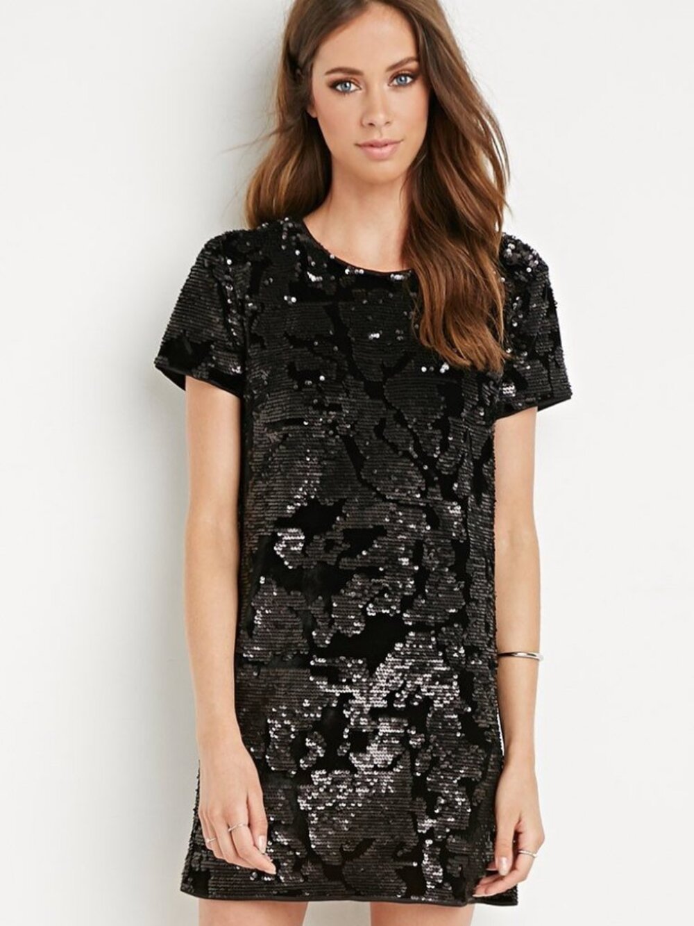 Forever 21 Black Sequined Velvet Shift Party Dress S/M